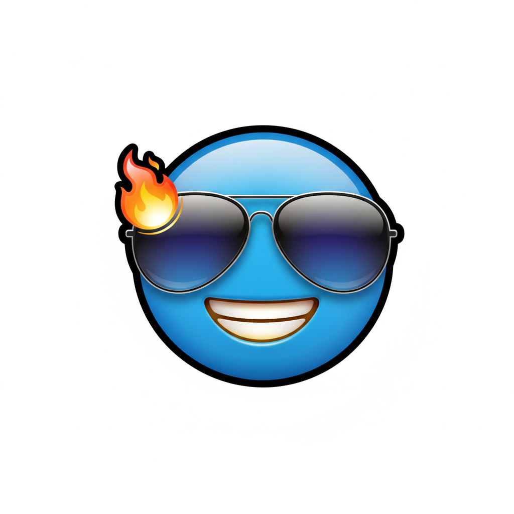 AI emoji generator result — a cool custom emoji of a smiling face with sunglasses and a flame