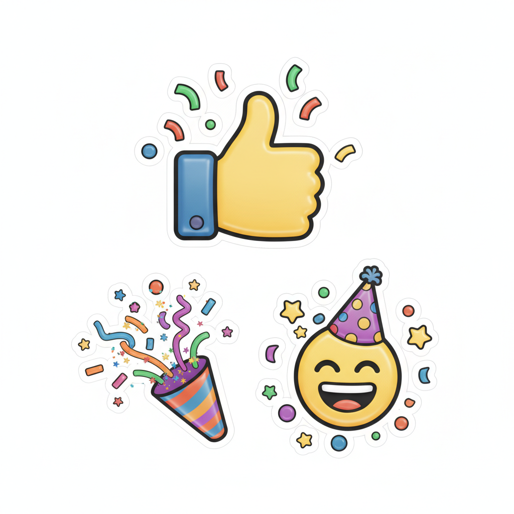 AI emoji generator result — a set of custom thumbs-up and party celebration emojis with confetti