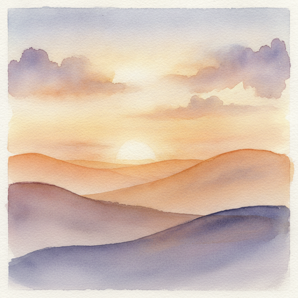 AI encoder-free image generator output — a soft watercolor landscape of rolling hills at sunset