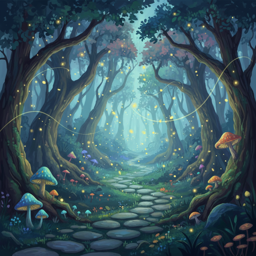 AI encoder-free image generator output — a stylized fantasy forest with glowing fireflies