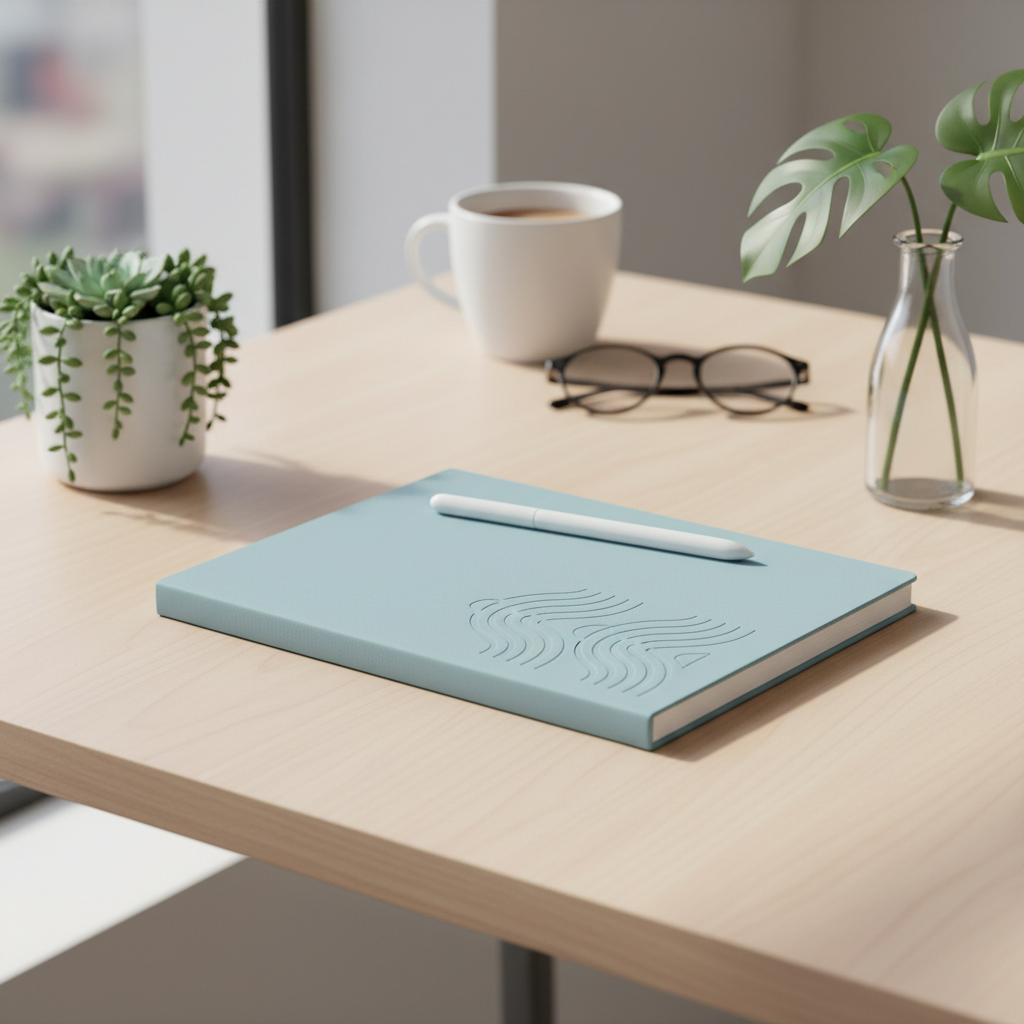 AI encoder-free image generator output — a clean pastel notebook product mockup on a tidy desk