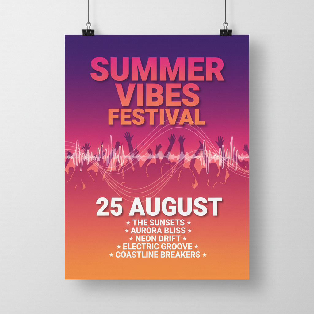 AI event poster designer output — vibrant summer music festival poster with bold typography, gradient purple pink and orange background, and silhouetted concert crowd