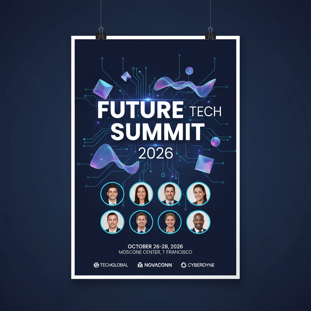 AI event poster for a tech conference with deep navy background, glowing geometric circuit patterns, holographic 3D shapes, and speaker headshot grid
