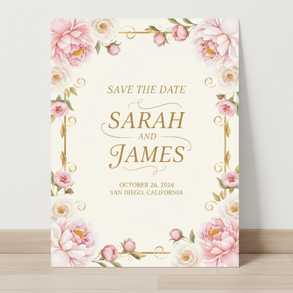 AI event poster designer wedding invitation with floral border, gold leaf accents, watercolor peonies, calligraphy script, and blush pink ivory color palette