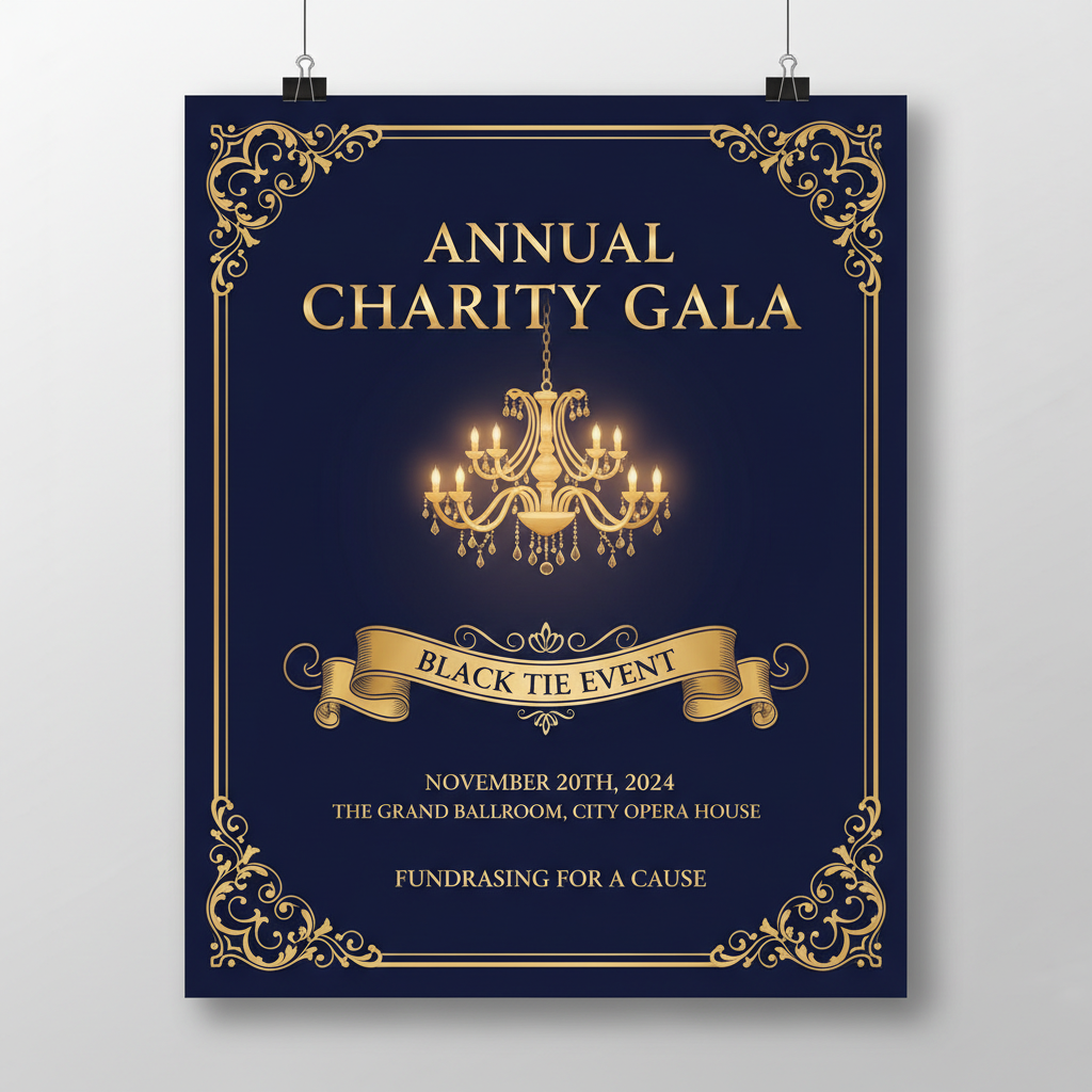 AI event poster designer charity gala with deep midnight blue background, gold ornamental border, sophisticated serif typography, and decorative gold ribbon banner