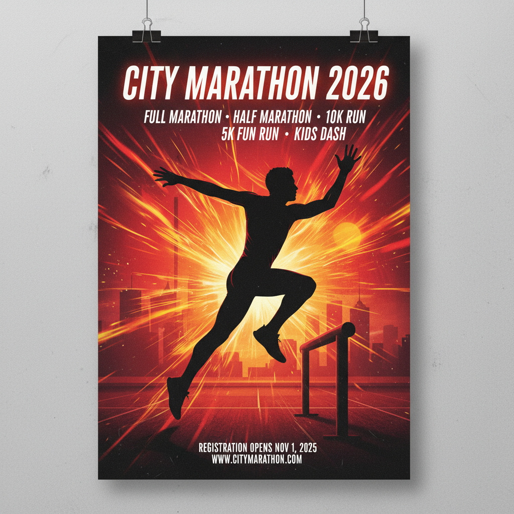 AI event poster for a city marathon with dynamic athlete silhouette mid-jump, bold uppercase typography, and energetic red orange yellow color scheme
