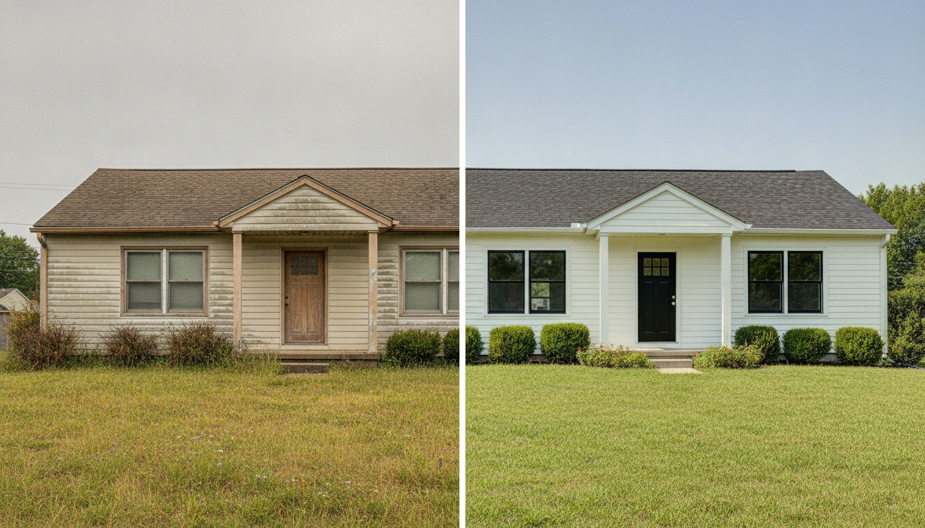 Before and after AI exterior design comparison — the same single storey ranch house shown with dated beige siding, a worn brown roof and an overgrown bed on the left, and crisp white siding, black framed windows, a black front door, a darker roof and trimmed boxwood on the right