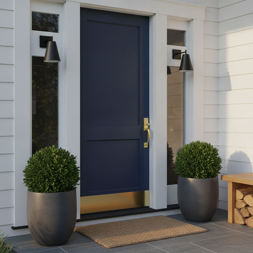 AI curb appeal example — a renovated front entry with a deep navy front door, a brass handle and brass kick plate, black wall sconces, glazed sidelights, grey slate paving, a woven doormat and clipped boxwood balls in charcoal planters