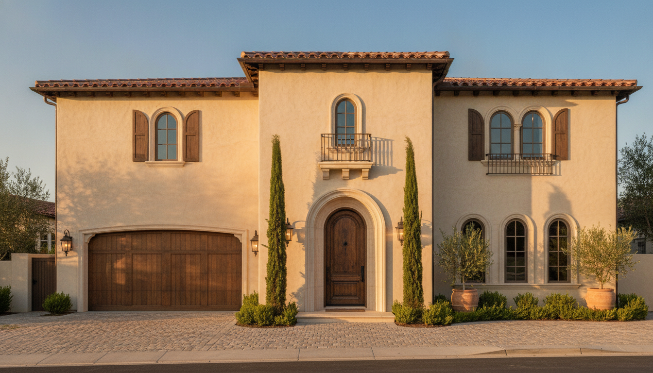 AI exterior design tool example of a two storey Mediterranean home with cream stucco walls, a terracotta barrel tile roof, an arched entry with a carved wooden door, a small wrought iron balcony, a timber garage door, flanking cypress trees and olive trees in terracotta pots at golden hour