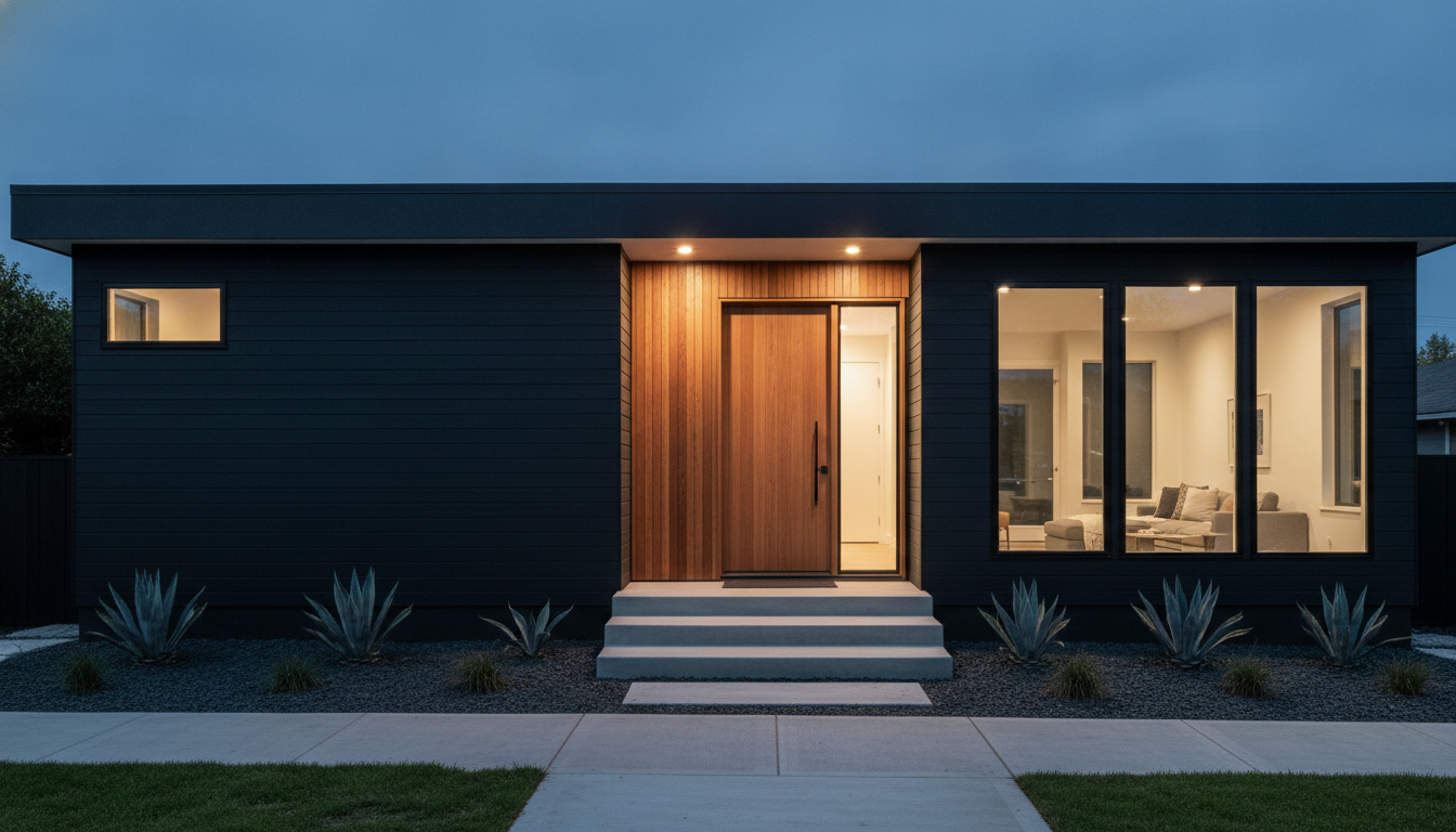 AI home exterior design example — a flat roofed contemporary house in matte charcoal black siding with a warm cedar slat entry panel, an oak pivot door, tall glazed windows glowing with interior light, concrete steps and grey gravel planted with agave at dusk