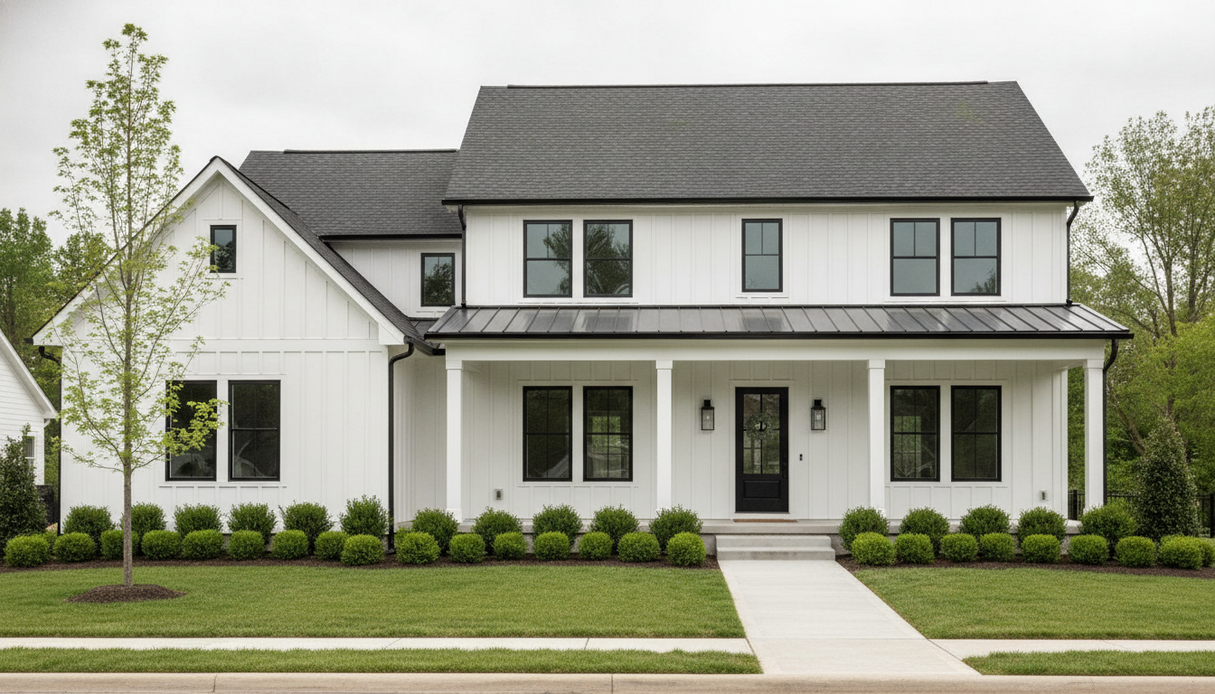 AI exterior design tool example — a two storey modern farmhouse with white board and batten siding, black window frames, a dark shingle roof over a standing seam metal porch roof, white porch columns and a row of clipped boxwood along the front