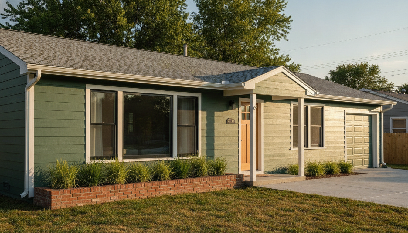 AI exterior design example of a single storey ranch house seen at a three-quarter angle, repainted deep sage green with crisp white trim, a natural cedar front door, a brick planter of ornamental grasses and an attached garage in warm evening light
