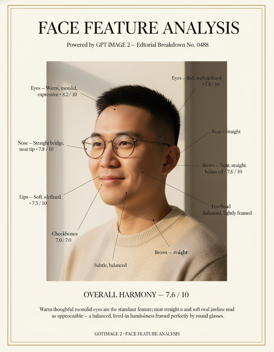 AI face feature analysis editorial board for an Asian male portrait with warm monolid eyes scored 8.2/10 — GPT Image 2 generated magazine-grade feature map