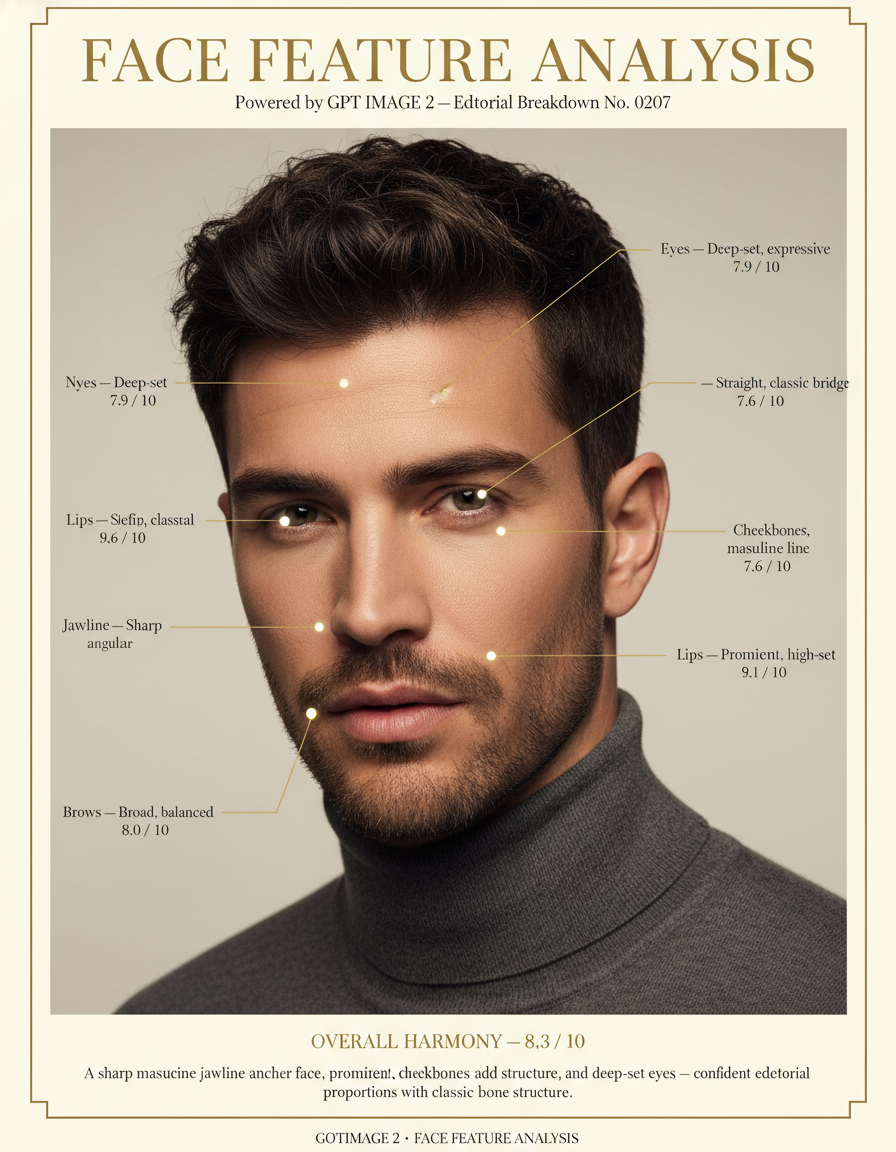 AI face feature analysis for a male portrait with sharp jawline rated 9.1/10 — GPT Image 2 editorial board mapping cheekbones, brows, and facial proportions