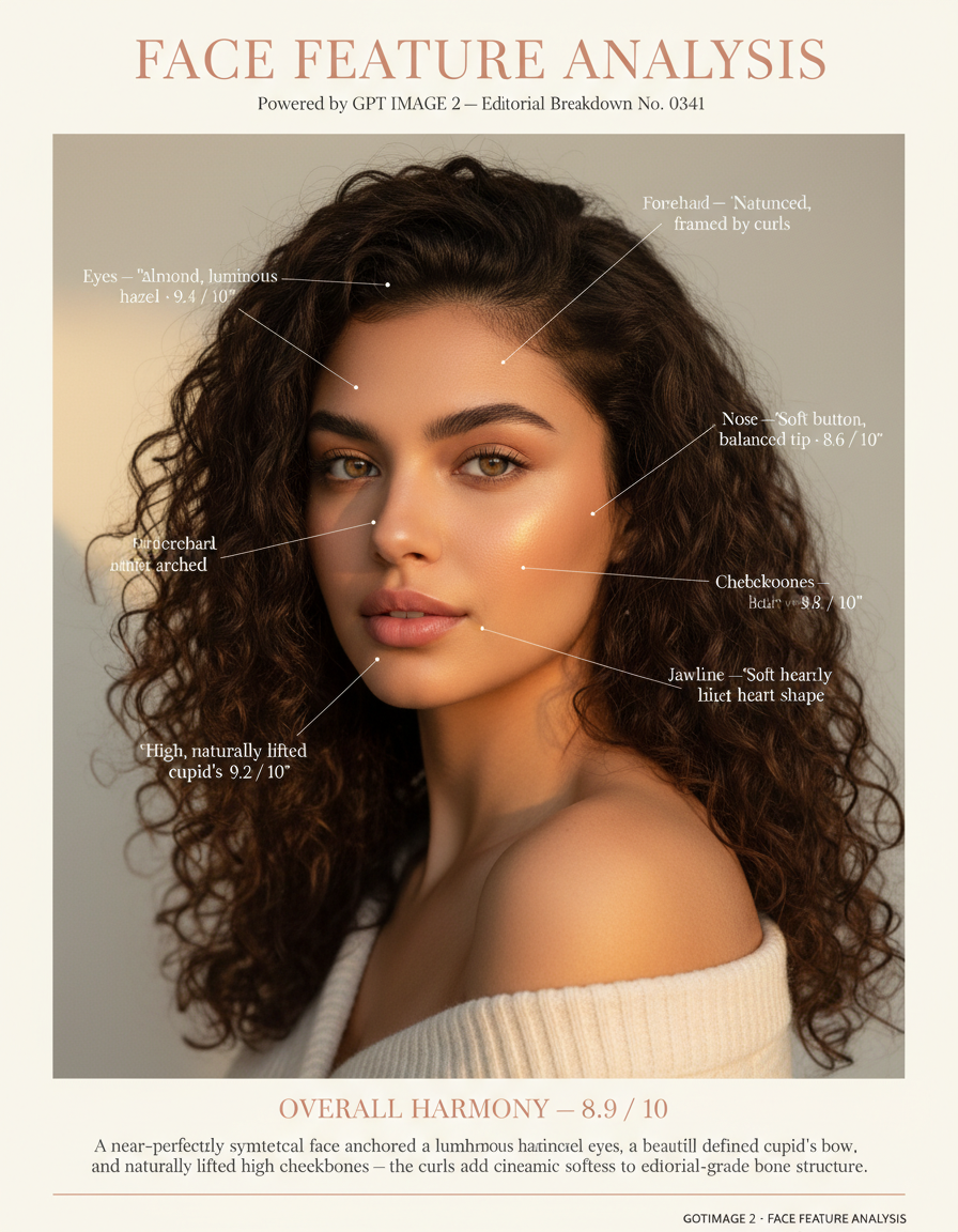 AI face feature analysis editorial board with luminous hazel eyes scored 9.4/10 — GPT Image 2 generated luxury magazine breakdown rating each facial feature with overall harmony summary