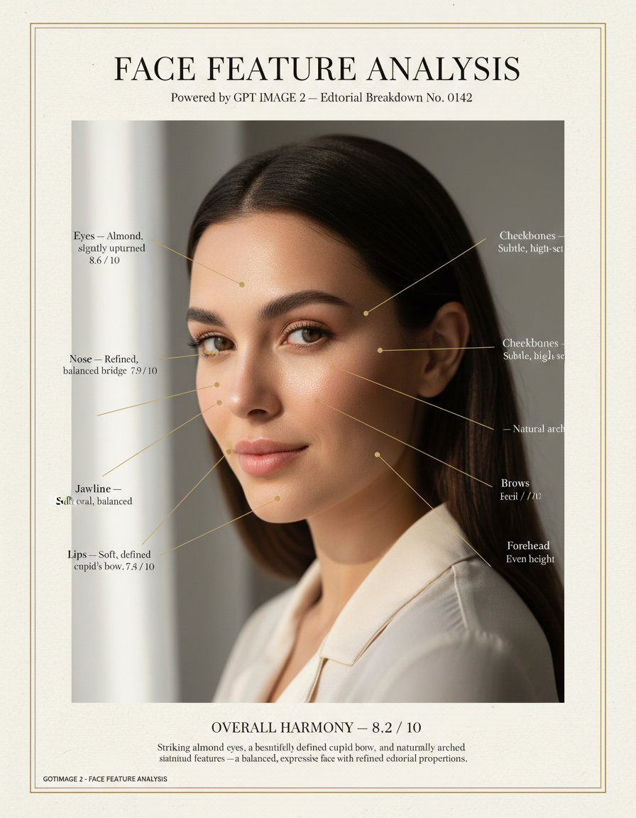 AI face feature analysis editorial board with almond eyes rated 8.6/10 and defined cupid's bow 8.4/10 — GPT Image 2 luxury magazine feature breakdown