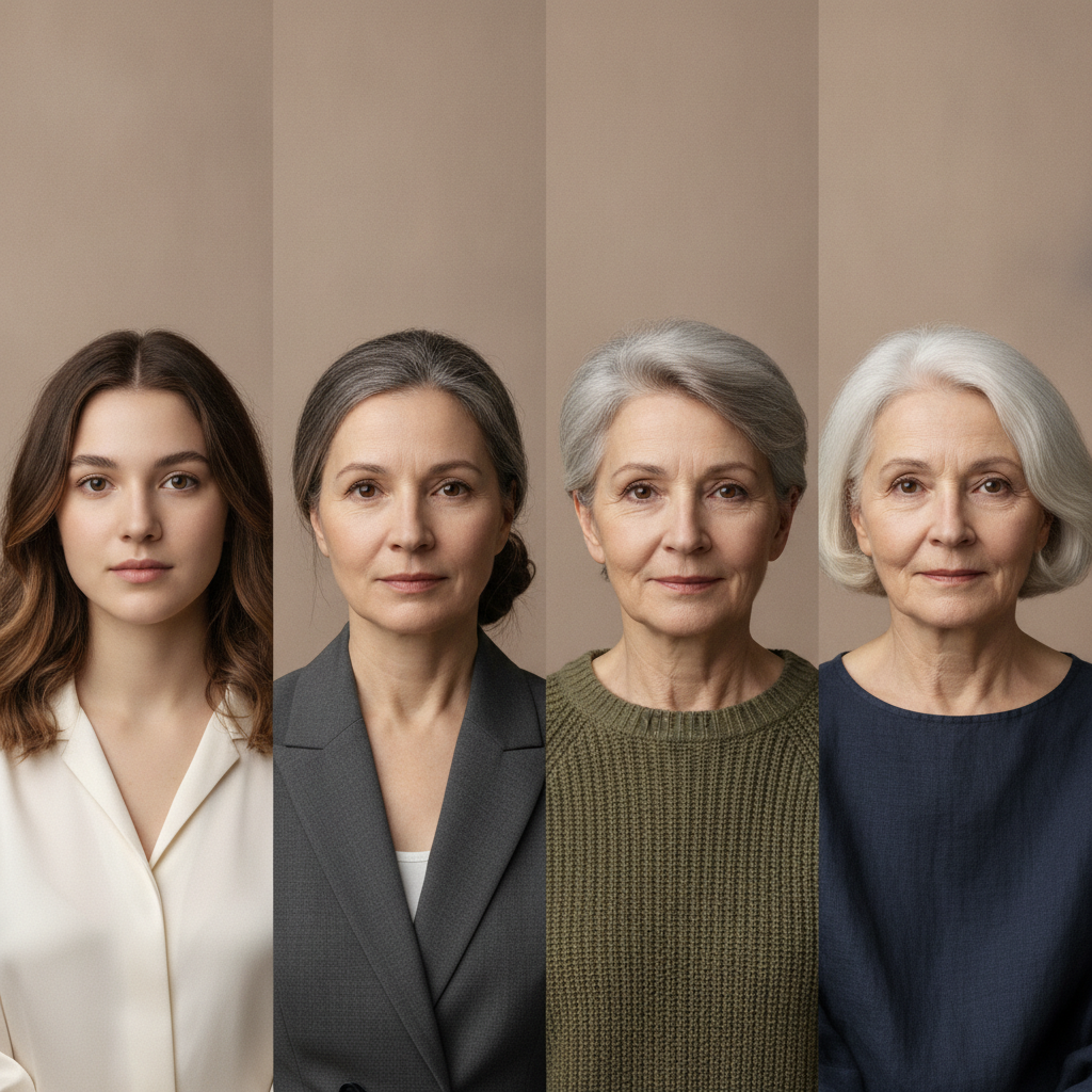 AI face generator result — the same fictional woman shown at four different ages with a consistent identity