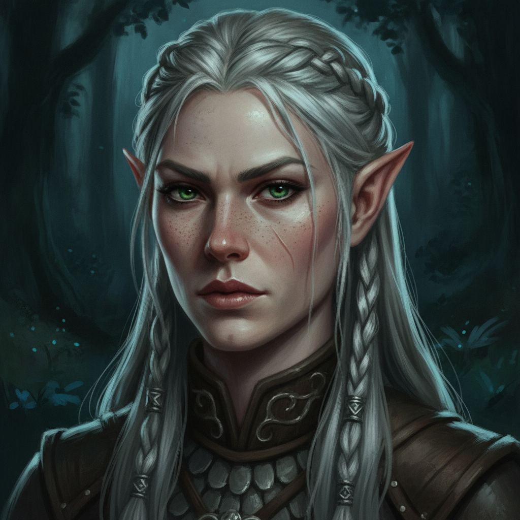 AI face generator result — a fantasy character face of a fictional elven warrior in concept art style