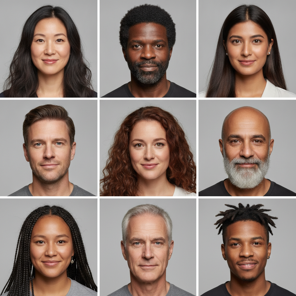 AI face generator result — a grid of nine diverse fictional faces with consistent studio lighting