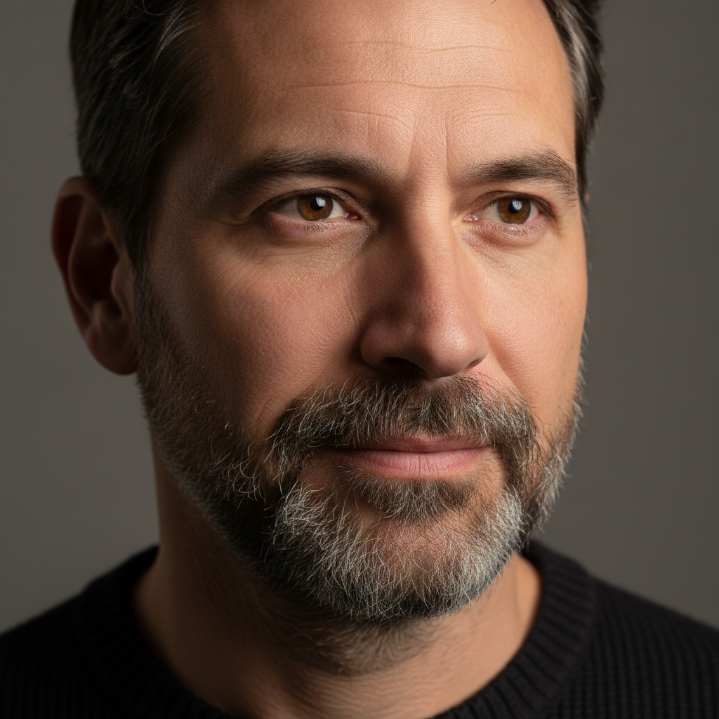 AI face generator result — a photorealistic studio portrait of a fictional man with natural skin texture
