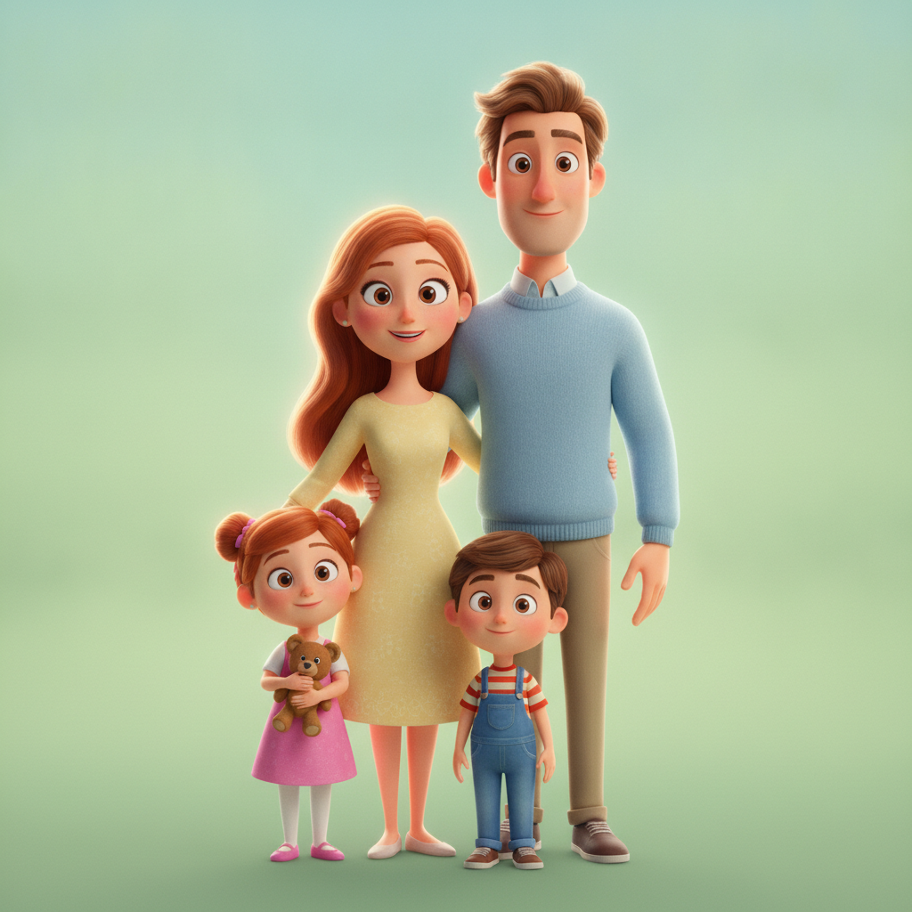 AI family portrait generator example — a family of four as a 3D animated cartoon group portrait in a feature film style