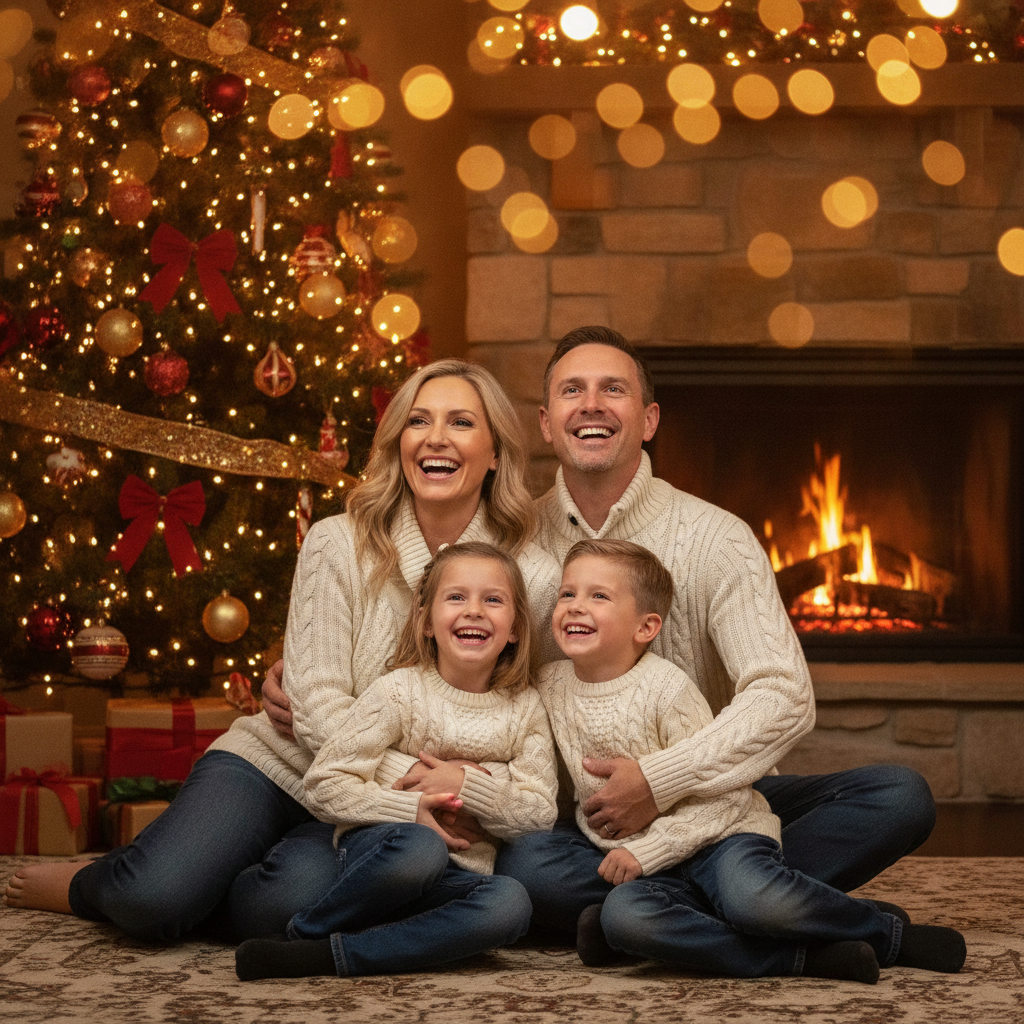 AI family portrait generator example — a family in matching knit sweaters by a Christmas tree and fireplace with warm bokeh lights