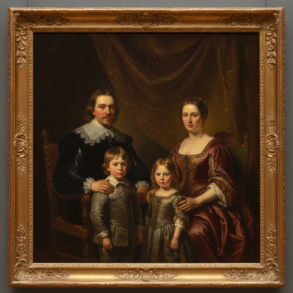 AI family portrait generator example — a family rendered as a classical oil painting with visible brushwork and warm chiaroscuro lighting