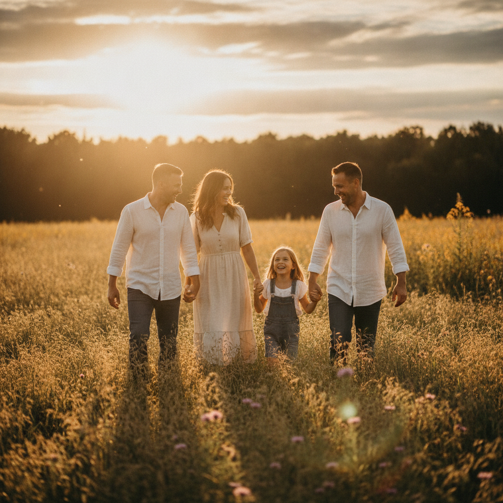 AI family portrait generator example — a family walking through a golden hour meadow, backlit with soft rim light