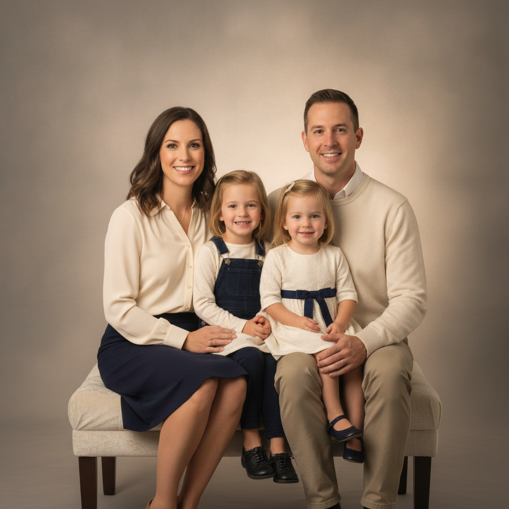 AI family portrait generator example — a family of four in a classic studio portrait against a warm grey backdrop with soft lighting