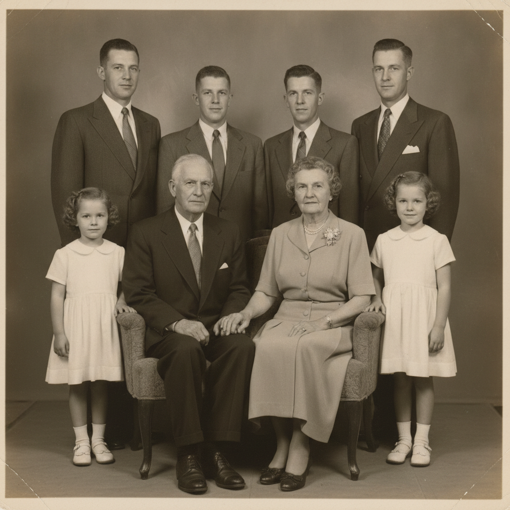 AI family portrait generator example — a black and white multi generational family portrait in a formal 1950s studio arrangement