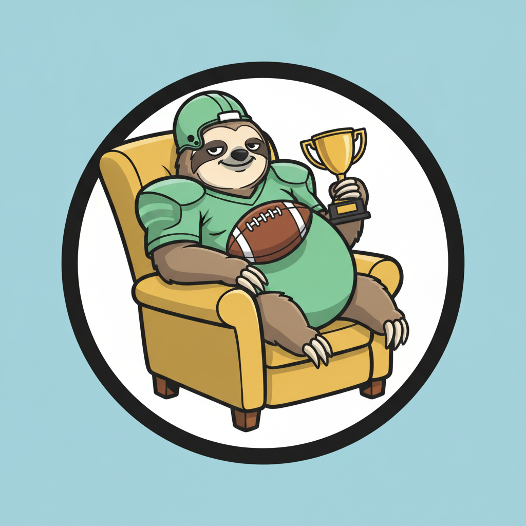 Funny fantasy football team logo example — a smug cartoon sloth in a striped jersey lounging in a recliner with a football