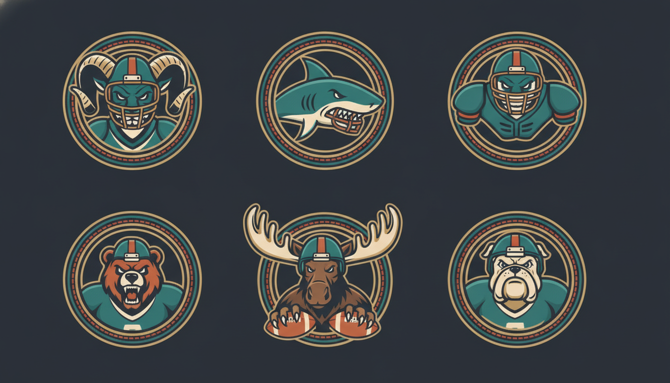 Fantasy football league logo set example — six circular mascot badges in one shared palette and line style arranged in a grid