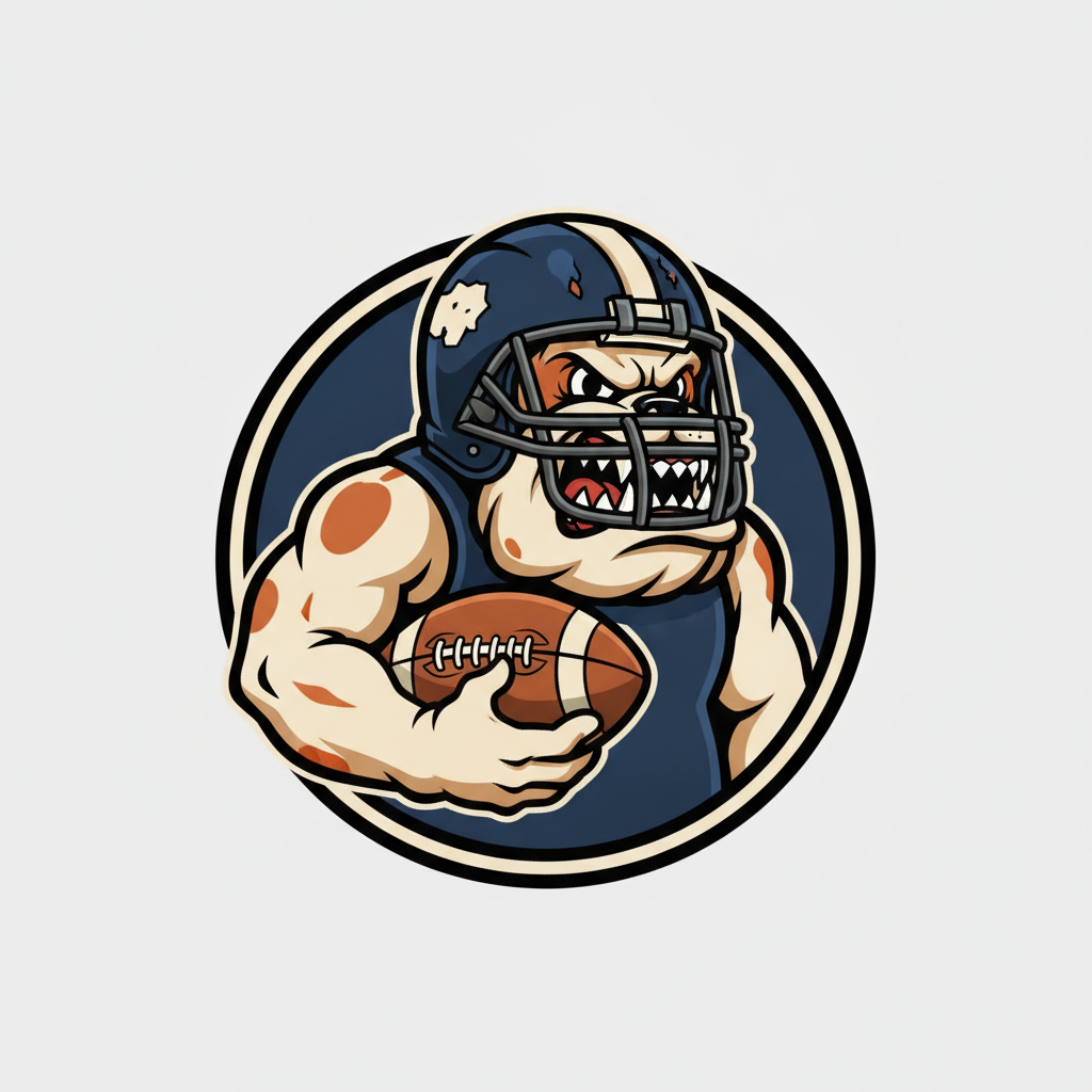 AI fantasy football logo generator example — a snarling cartoon bulldog mascot in a navy football helmet inside a circular badge