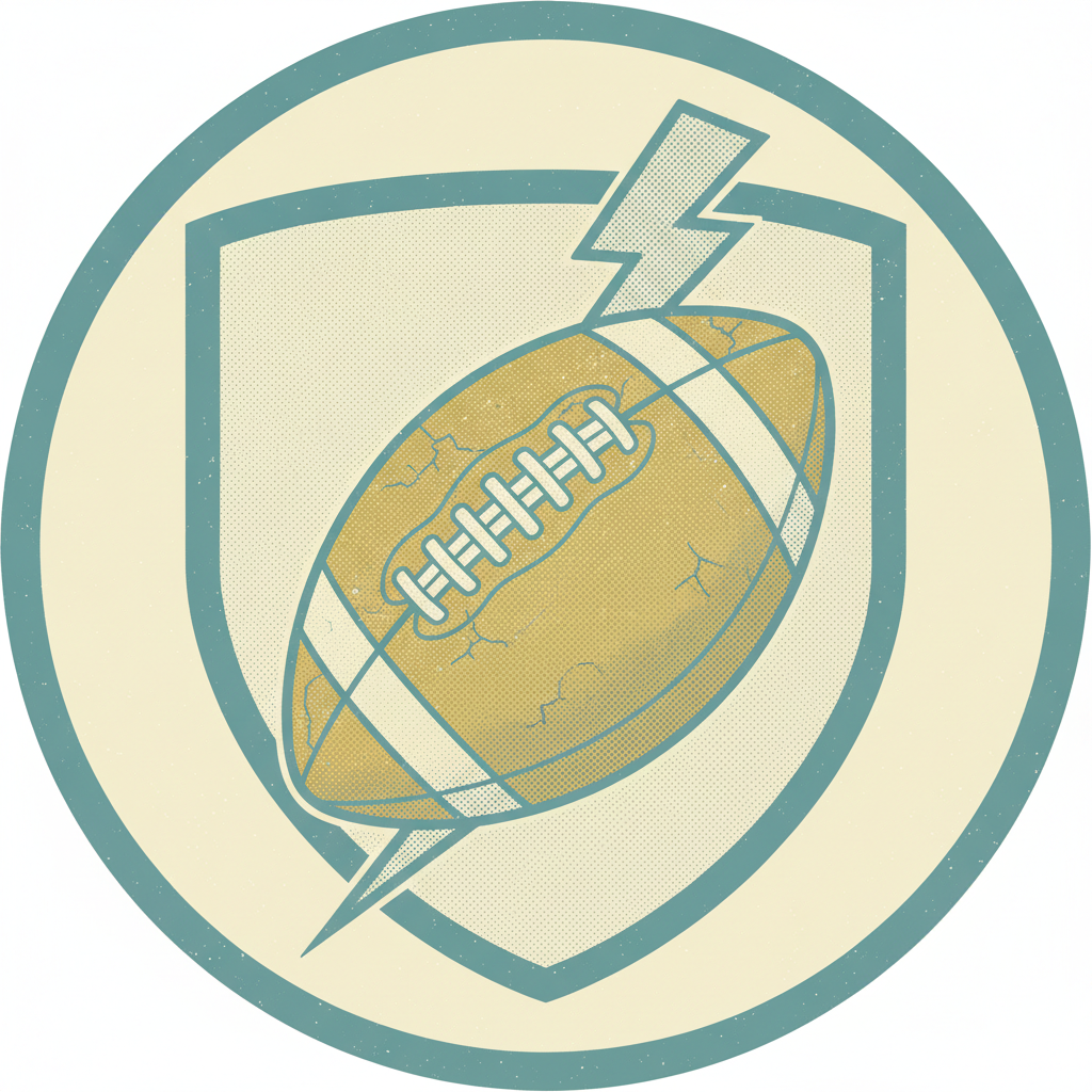 Fantasy football logo maker example — a retro 1970s athletic crest with a tan leather football over a teal shield and a lightning bolt behind it