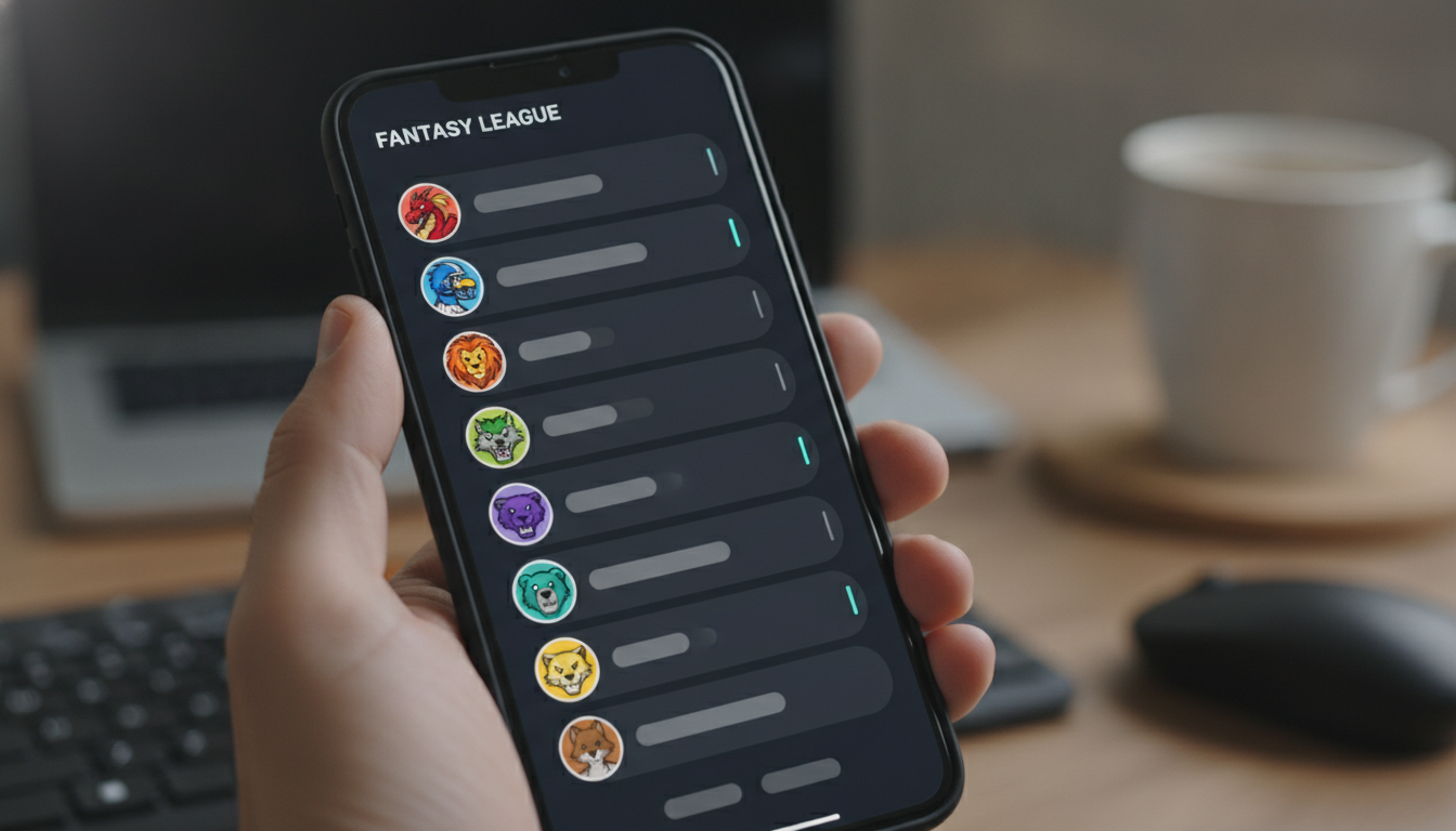 Fantasy football avatar preview — a phone showing a league standings list where each team logo is reduced to a small circular avatar