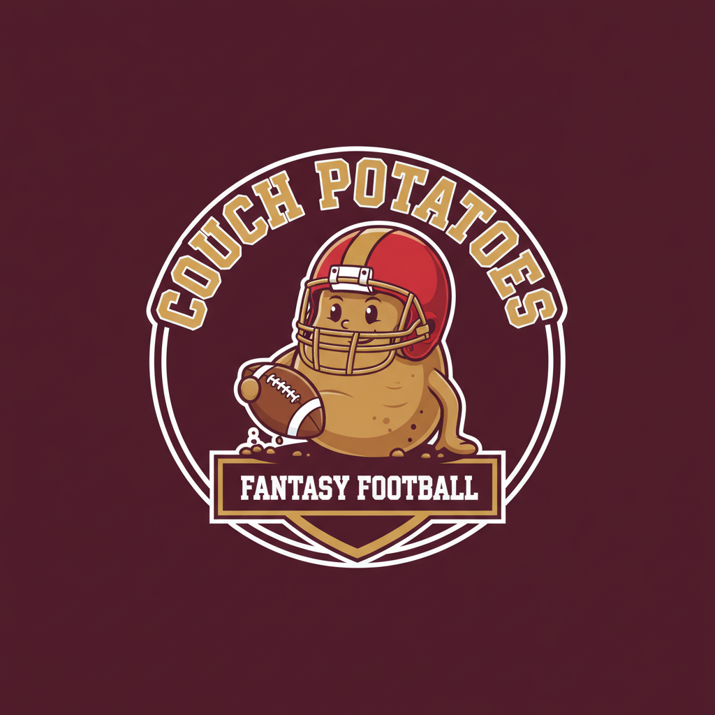 Fantasy football team logo with text example — the team name COUCH POTATOES arched in gold block letters around a potato mascot in a red helmet, with a FANTASY FOOTBALL banner below