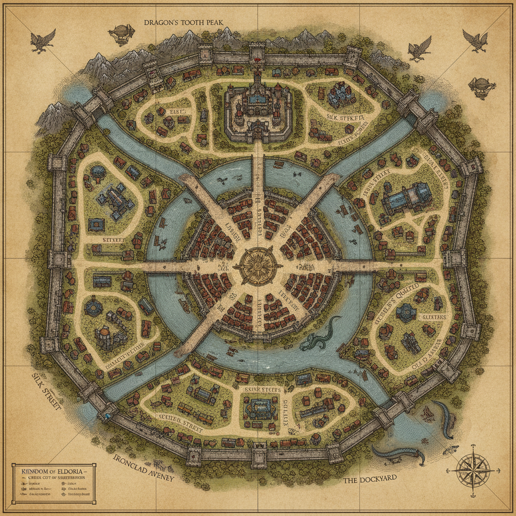 AI fantasy map generator result — a medieval city map with districts, walls, gates and a river