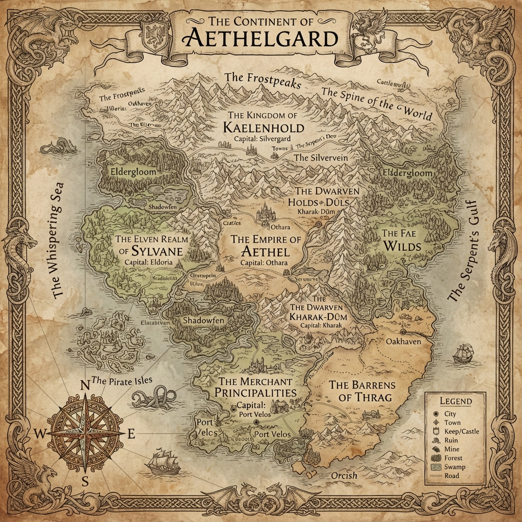 AI fantasy map generator result — a detailed continent map with mountains, forests and kingdoms on aged parchment