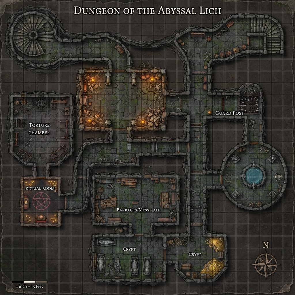 AI fantasy map generator result — a top-down dungeon map with corridors, chambers and a grid