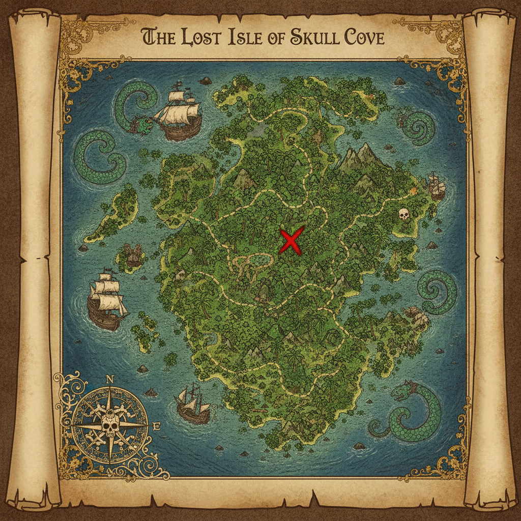 AI fantasy map generator result — a pirate island map with ocean, ships and a treasure X