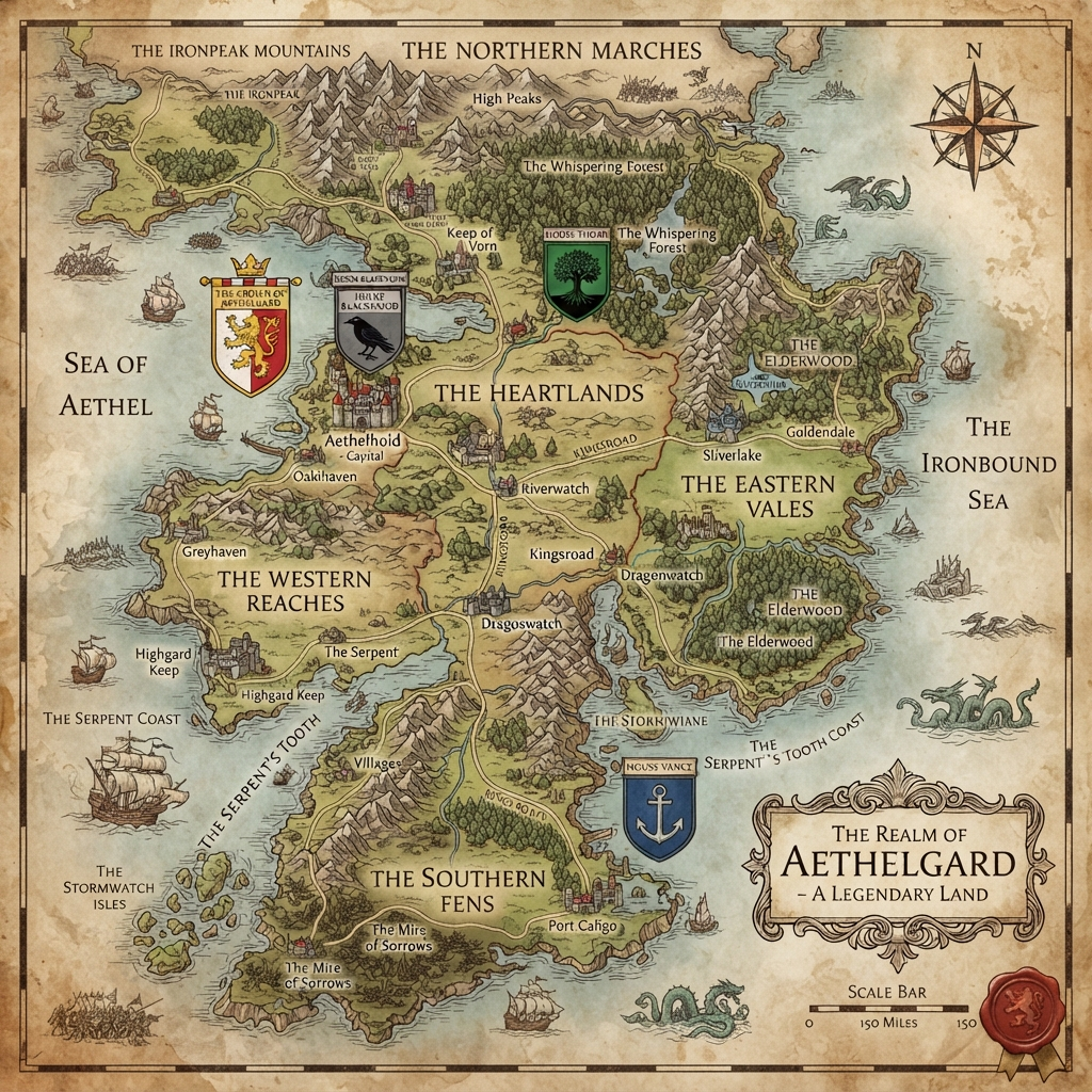 AI fantasy map generator result — a medieval kingdom map with castles, cities and heraldic banners