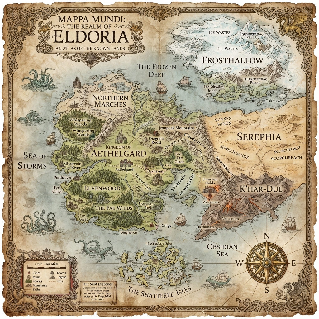 AI fantasy map generator result — an epic world atlas with multiple continents, oceans and mountain ranges