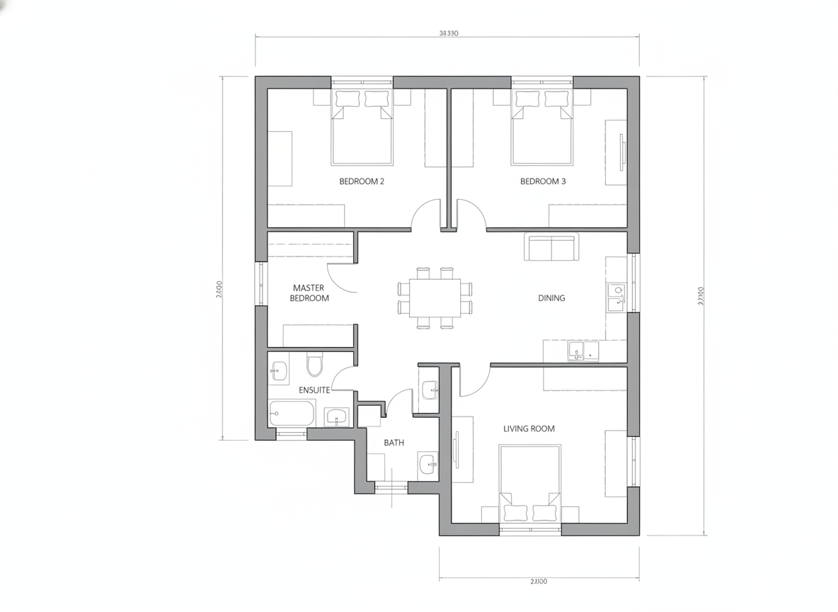 AI floor plan generator example — a clean 2D architectural floor plan of a three bedroom house with door swings, room labels and dimension lines