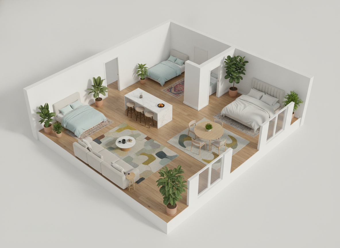 AI floor plan generator example — an isometric 3D cutaway of a small modern house with the roof removed and the interior fully furnished
