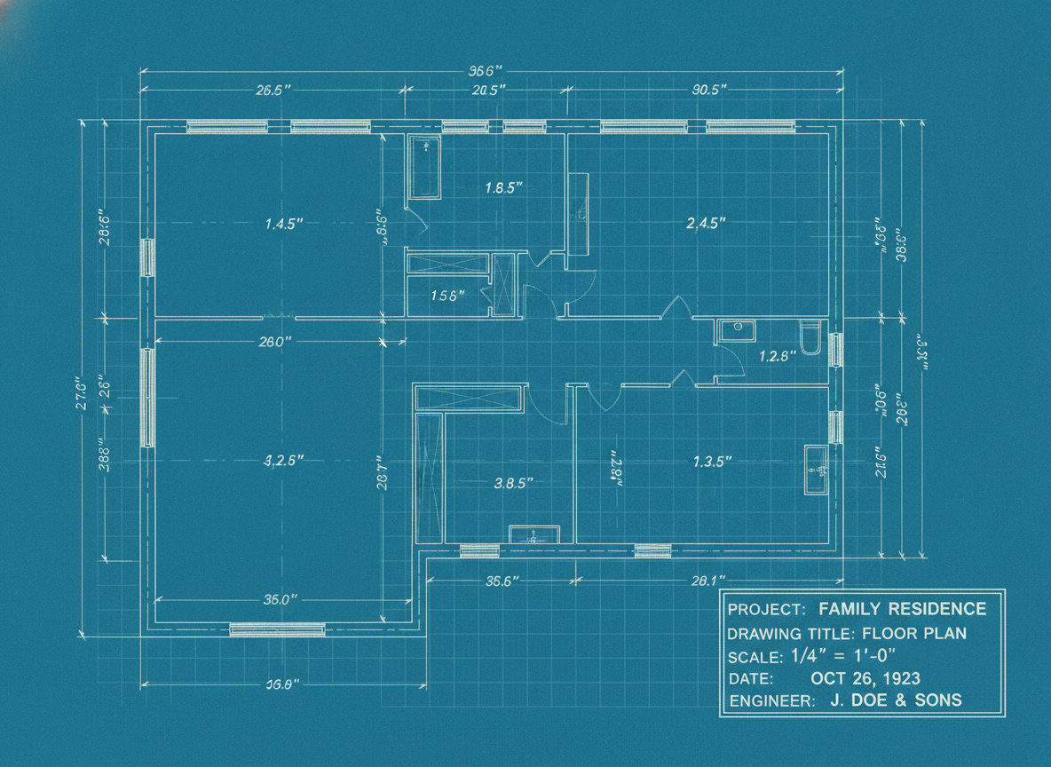 AI blueprint generator example — a deep cyan blueprint style floor plan of an open plan family home with dimension strings and a title block
