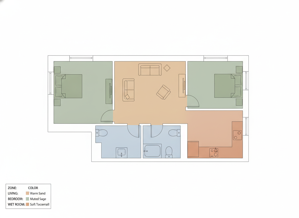 AI floor plan example — a colour coded zoning plan of a two bedroom apartment with pastel fills per functional area and a corner legend