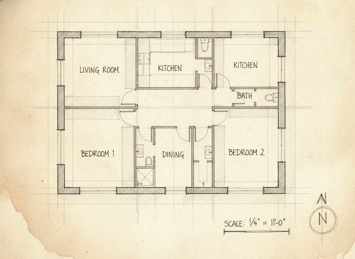 AI house plan example — a hand drawn floor plan sketch in pencil and ink on cream drafting paper with freehand room labels