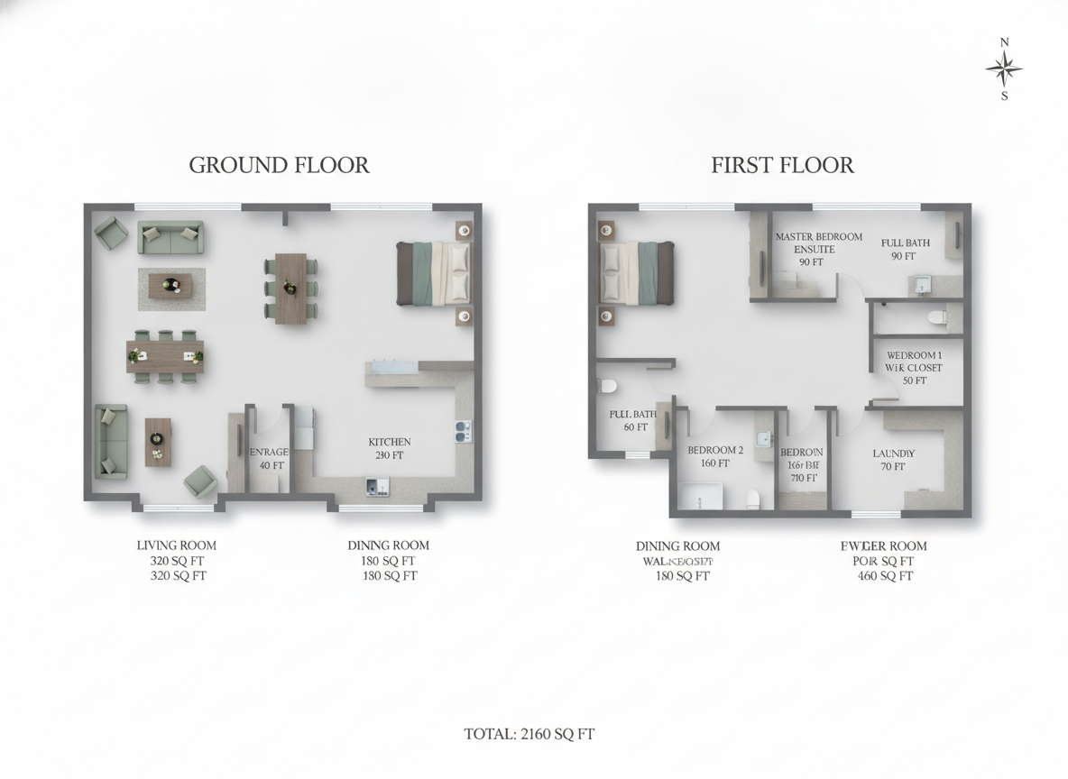 AI floor plan generator example — a real estate listing floor plan showing both storeys side by side with square footage labels and a compass rose