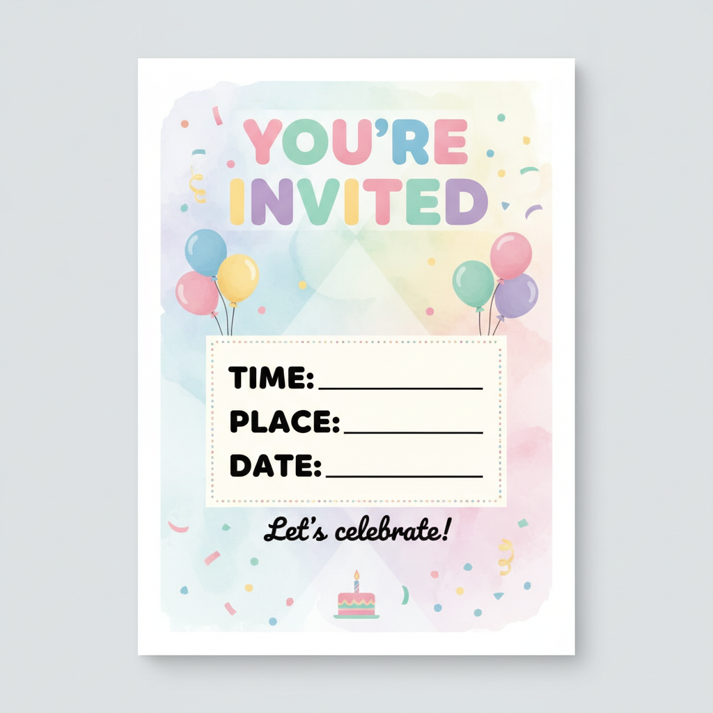 AI flyer generator result — a fun colorful birthday party flyer with confetti and balloons