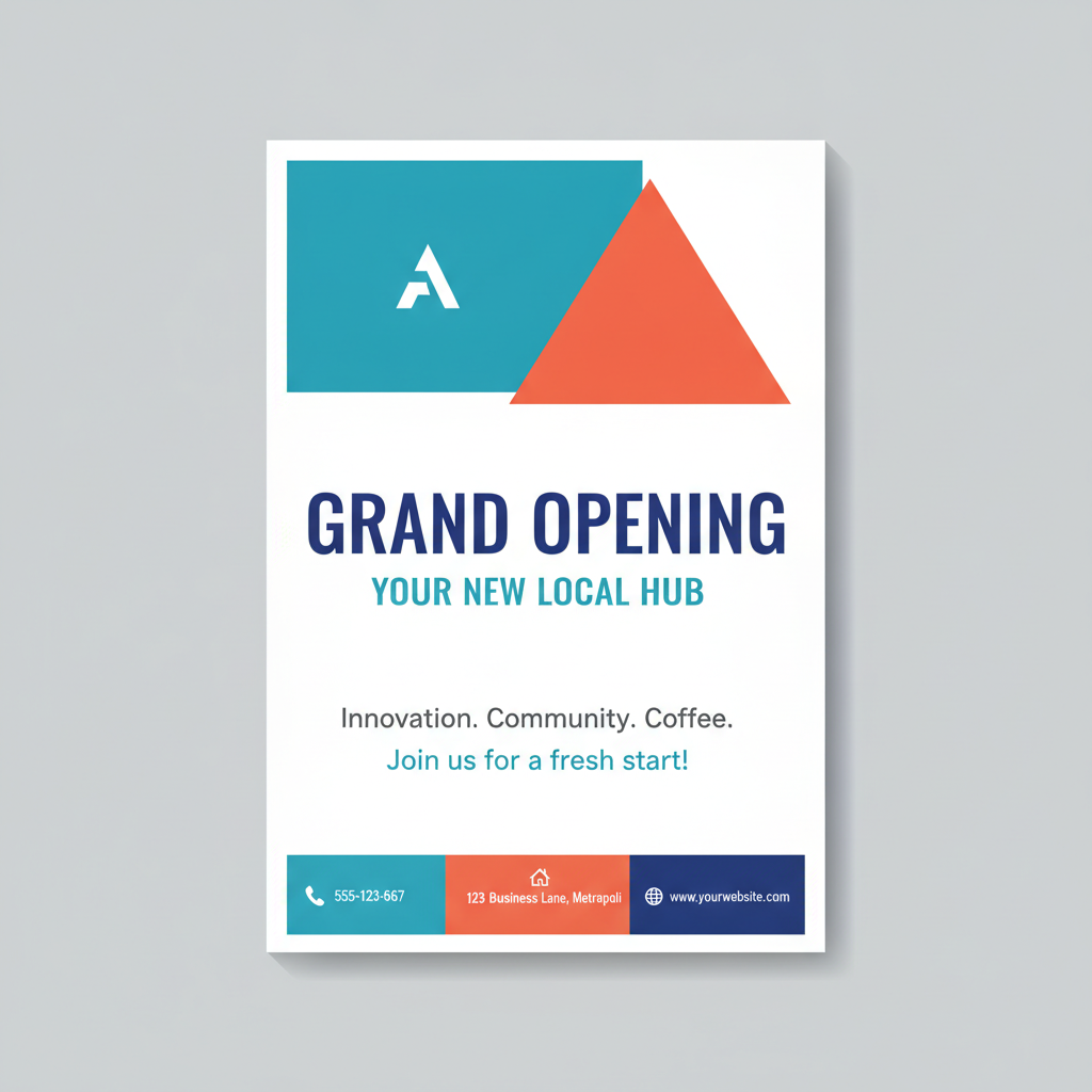 AI flyer generator result — a clean modern business promotional flyer with a grand opening headline